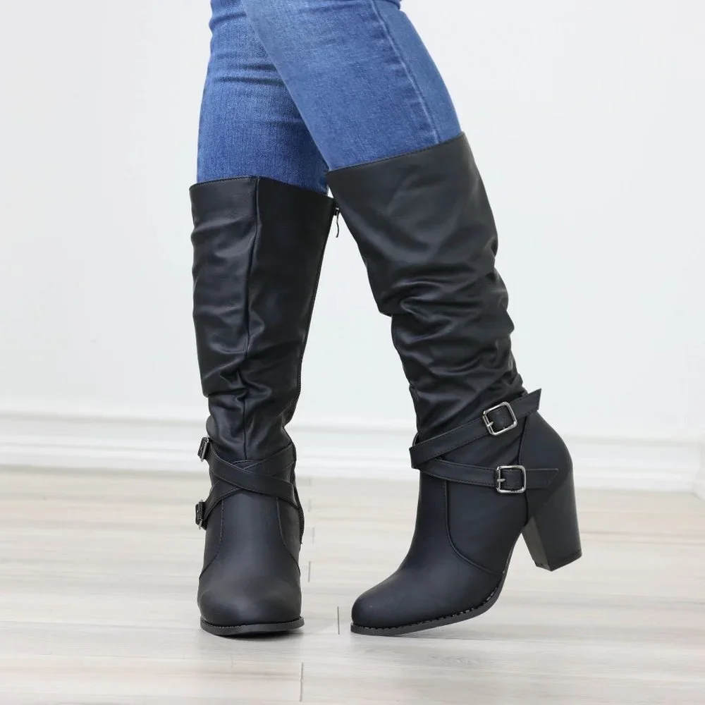 Black Mid Calf Block Heeled Boots Synthetic Leather Pointed Toe Womens - Picture 8 of 15